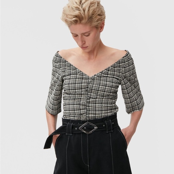 Ganni Seersucker V-neck Blouse Black Mini Check size 4 - Picture 3 of 7